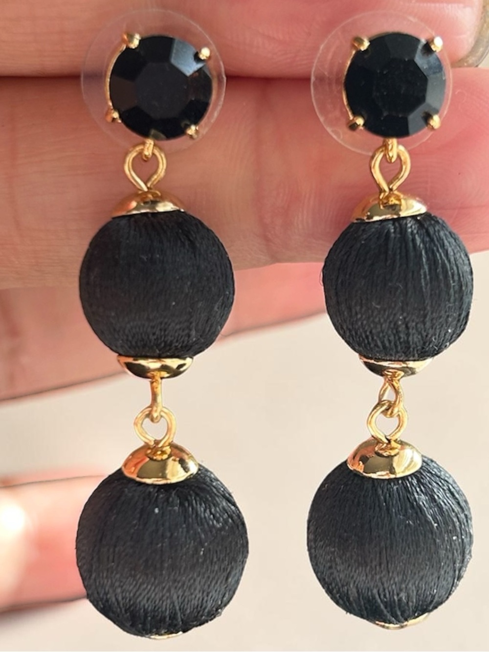 Gold-Tone Black Double Drop Ball Earrings